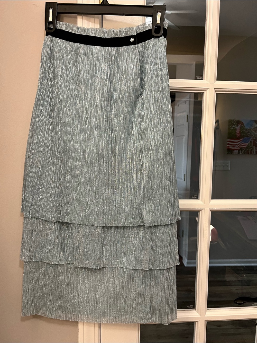 Maje Light Blue Metallic Tiered Midi Skirt size 36/XS EUC